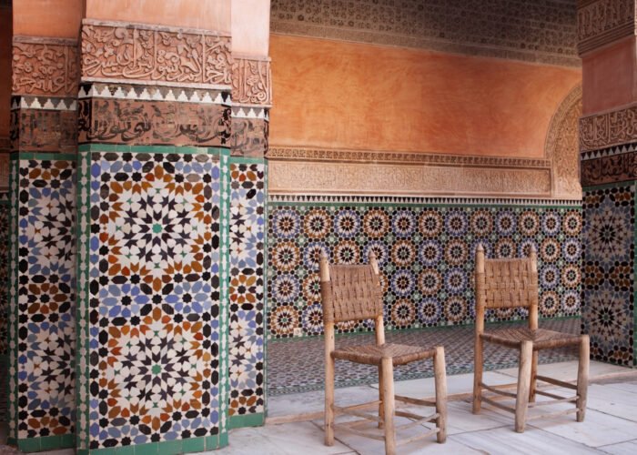 two traditional chear in the old building of Madrasa Ben Youssef in Marrakech Morocco