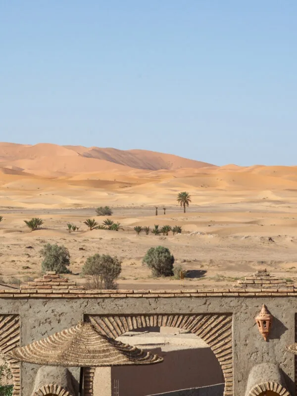 a panoramic view of Sahara Desert Dunes in Merzouga during the 5-Day Marrakech Desert Tour