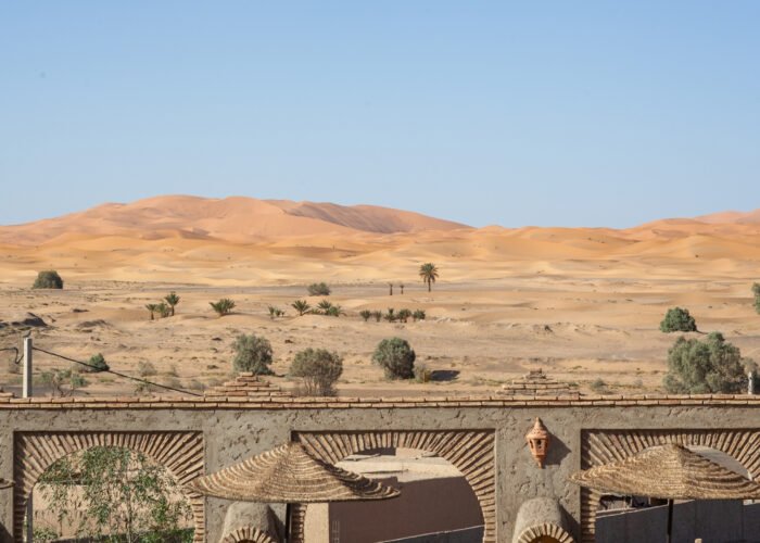 a panoramic view of Sahara Desert Dunes in Merzouga during the 5-Day Marrakech Desert Tour