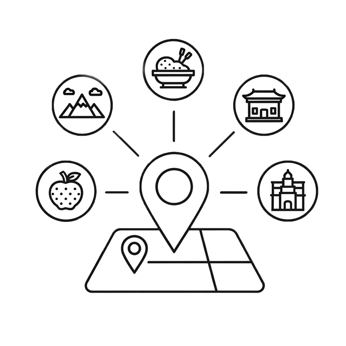 icon shows a central map pin with diverse symbols radiating outwards, representing tours tailored to various interests.