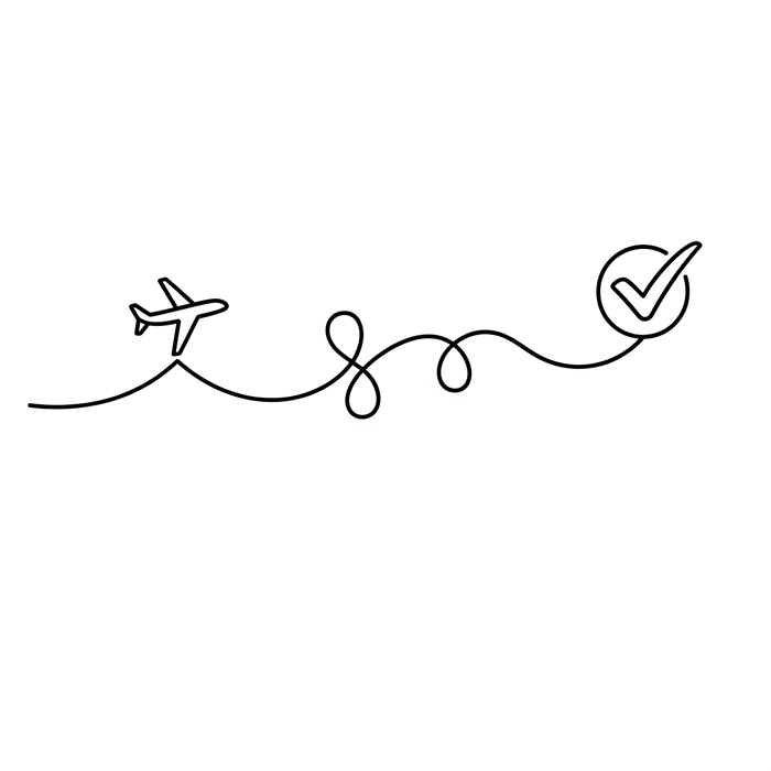 icon features a smooth, flowing line connecting a small airplane icon to a checkmark, symbolizing a hassle-free and successful planning process.